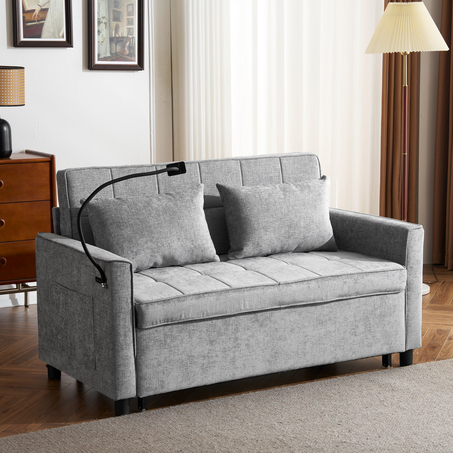56.9" Loveseat Sofa Pull-out Sofa Bed Sleeper Sofa with a Reversible Backrest Cushion, Side Pockets, Two USB Ports and a Phone Holder for Living Room, Grey