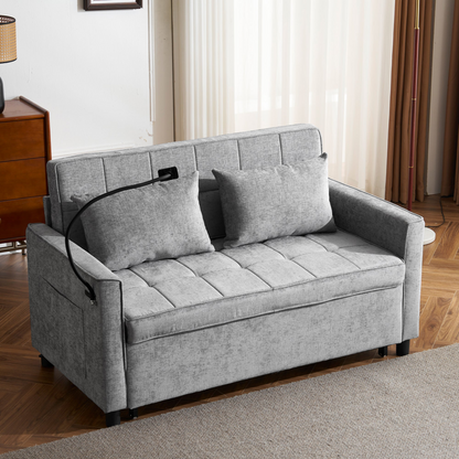 56.9" Loveseat Sofa Pull-out Sofa Bed Sleeper Sofa with a Reversible Backrest Cushion, Side Pockets, Two USB Ports and a Phone Holder for Living Room, Grey