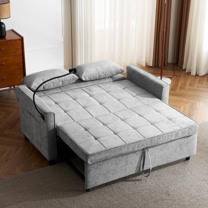 56.9" Loveseat Sofa Pull-out Sofa Bed Sleeper Sofa with a Reversible Backrest Cushion, Side Pockets, Two USB Ports and a Phone Holder for Living Room, Grey