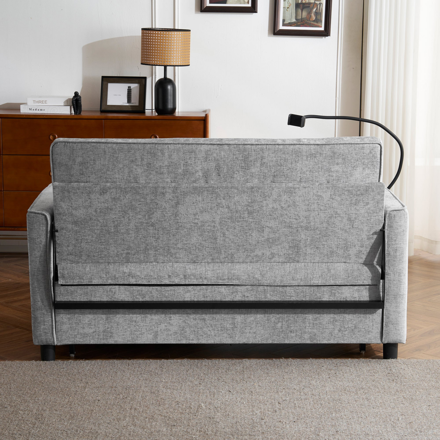 56.9" Loveseat Sofa Pull-out Sofa Bed Sleeper Sofa with a Reversible Backrest Cushion, Side Pockets, Two USB Ports and a Phone Holder for Living Room, Grey