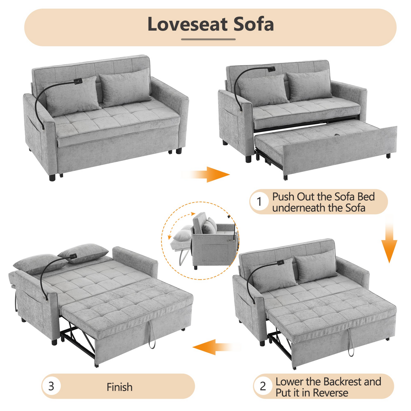 56.9" Loveseat Sofa Pull-out Sofa Bed Sleeper Sofa with a Reversible Backrest Cushion, Side Pockets, Two USB Ports and a Phone Holder for Living Room, Grey