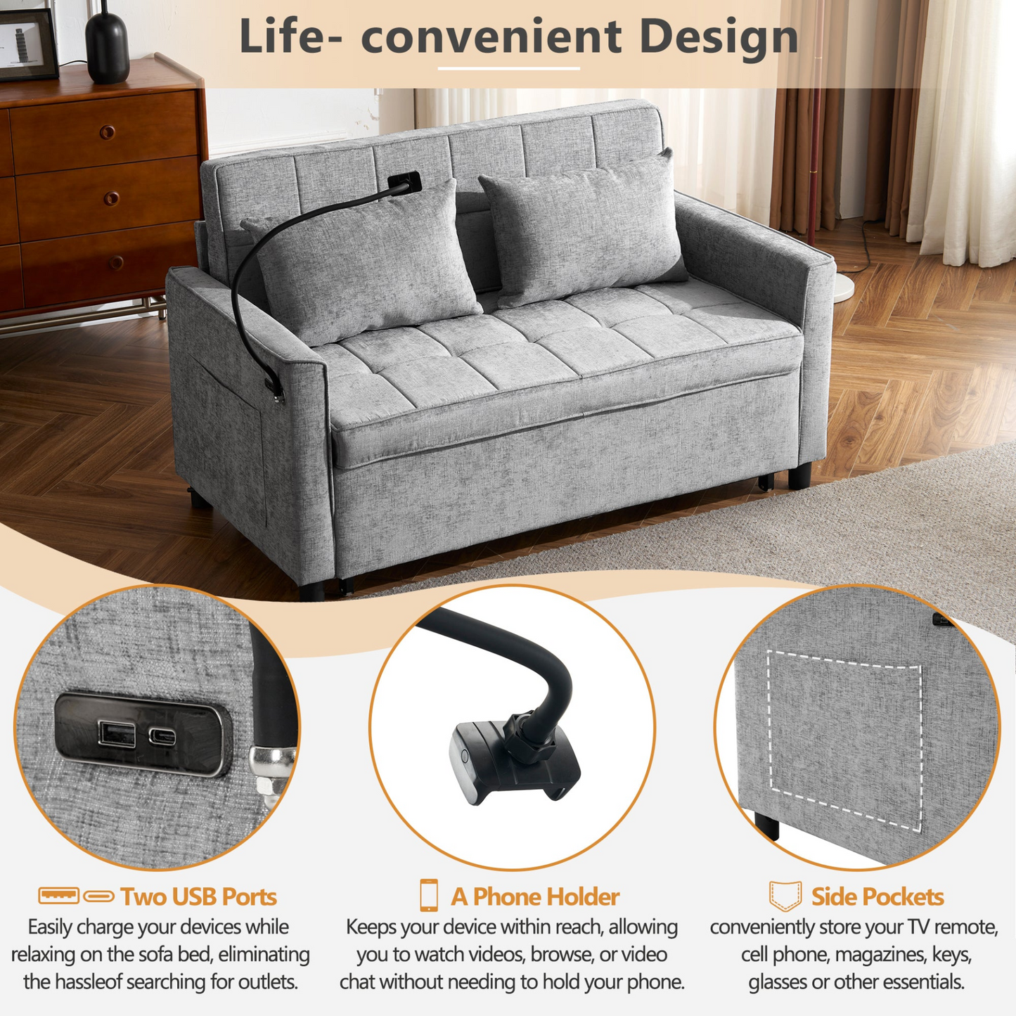 56.9" Loveseat Sofa Pull-out Sofa Bed Sleeper Sofa with a Reversible Backrest Cushion, Side Pockets, Two USB Ports and a Phone Holder for Living Room, Grey