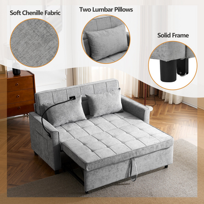 56.9" Loveseat Sofa Pull-out Sofa Bed Sleeper Sofa with a Reversible Backrest Cushion, Side Pockets, Two USB Ports and a Phone Holder for Living Room, Grey