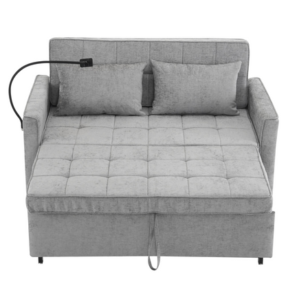 56.9" Loveseat Sofa Pull-out Sofa Bed Sleeper Sofa with a Reversible Backrest Cushion, Side Pockets, Two USB Ports and a Phone Holder for Living Room, Grey