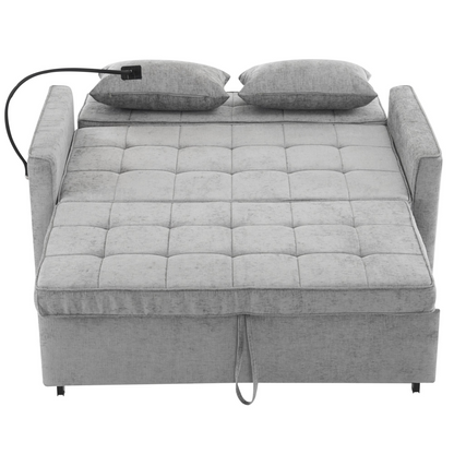 56.9" Loveseat Sofa Pull-out Sofa Bed Sleeper Sofa with a Reversible Backrest Cushion, Side Pockets, Two USB Ports and a Phone Holder for Living Room, Grey