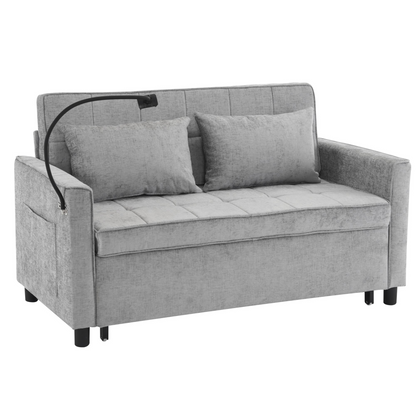 56.9" Loveseat Sofa Pull-out Sofa Bed Sleeper Sofa with a Reversible Backrest Cushion, Side Pockets, Two USB Ports and a Phone Holder for Living Room, Grey