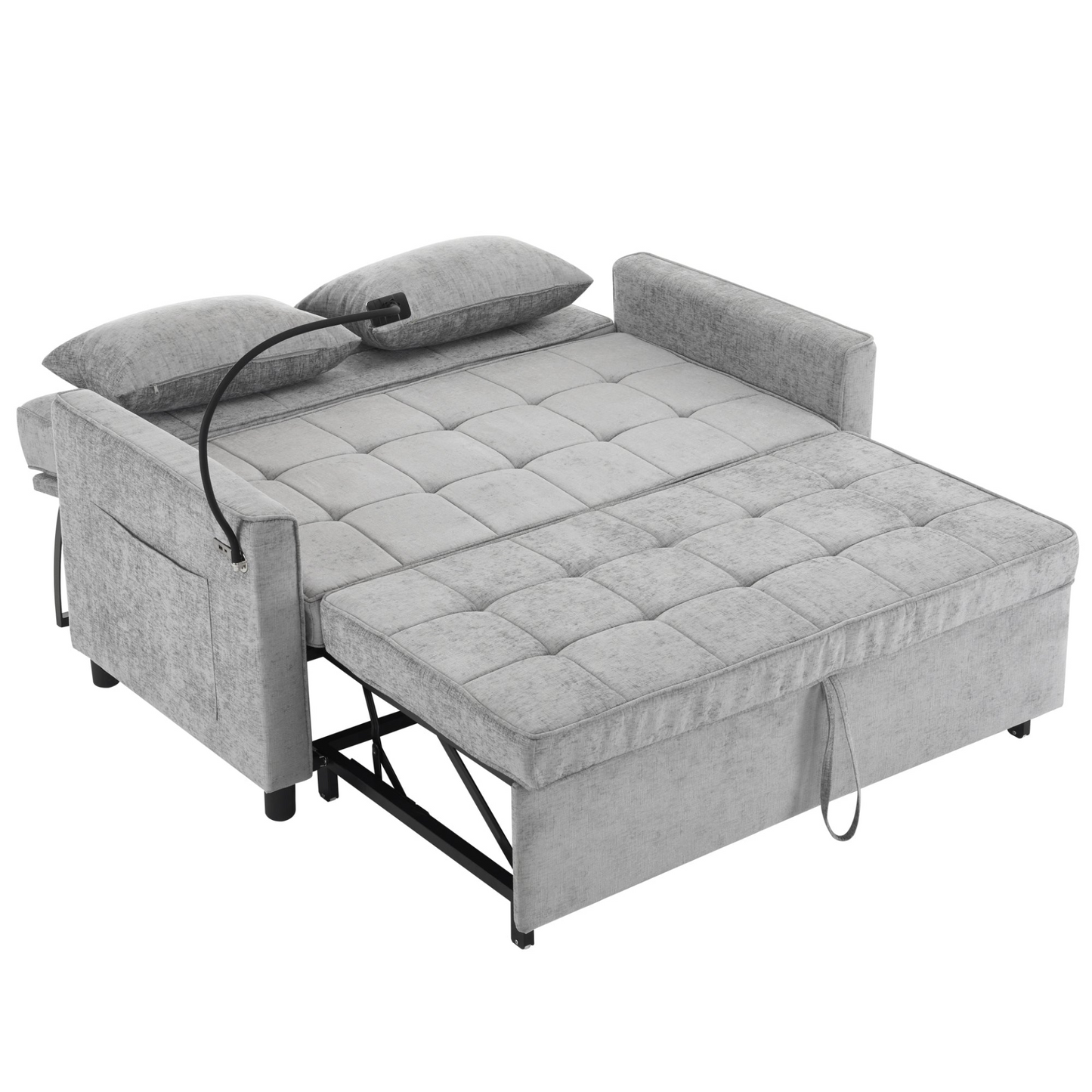 56.9" Loveseat Sofa Pull-out Sofa Bed Sleeper Sofa with a Reversible Backrest Cushion, Side Pockets, Two USB Ports and a Phone Holder for Living Room, Grey