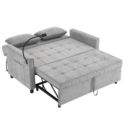 56.9" Loveseat Sofa Pull-out Sofa Bed Sleeper Sofa with a Reversible Backrest Cushion, Side Pockets, Two USB Ports and a Phone Holder for Living Room, Grey