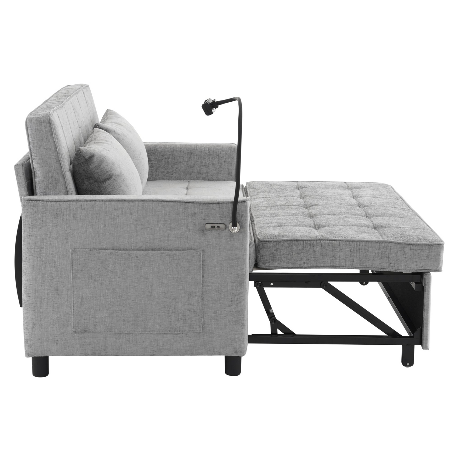 56.9" Loveseat Sofa Pull-out Sofa Bed Sleeper Sofa with a Reversible Backrest Cushion, Side Pockets, Two USB Ports and a Phone Holder for Living Room, Grey