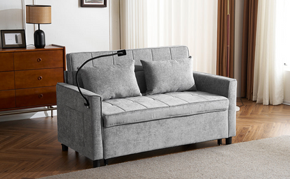 56.9" Loveseat Sofa Pull-out Sofa Bed Sleeper Sofa with a Reversible Backrest Cushion, Side Pockets, Two USB Ports and a Phone Holder for Living Room, Grey