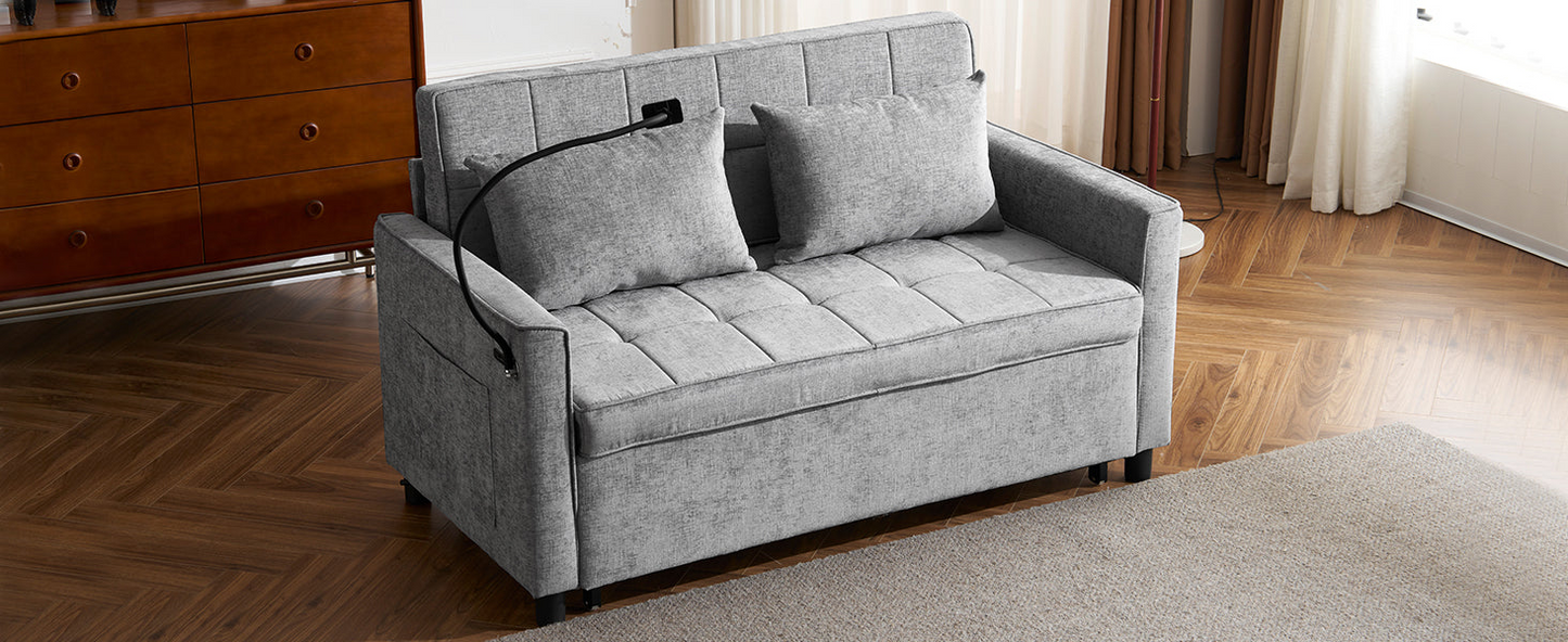 56.9" Loveseat Sofa Pull-out Sofa Bed Sleeper Sofa with a Reversible Backrest Cushion, Side Pockets, Two USB Ports and a Phone Holder for Living Room, Grey