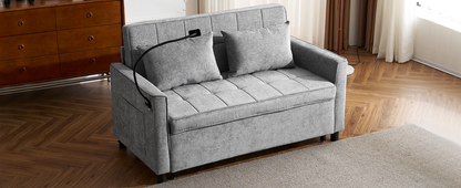 56.9" Loveseat Sofa Pull-out Sofa Bed Sleeper Sofa with a Reversible Backrest Cushion, Side Pockets, Two USB Ports and a Phone Holder for Living Room, Grey