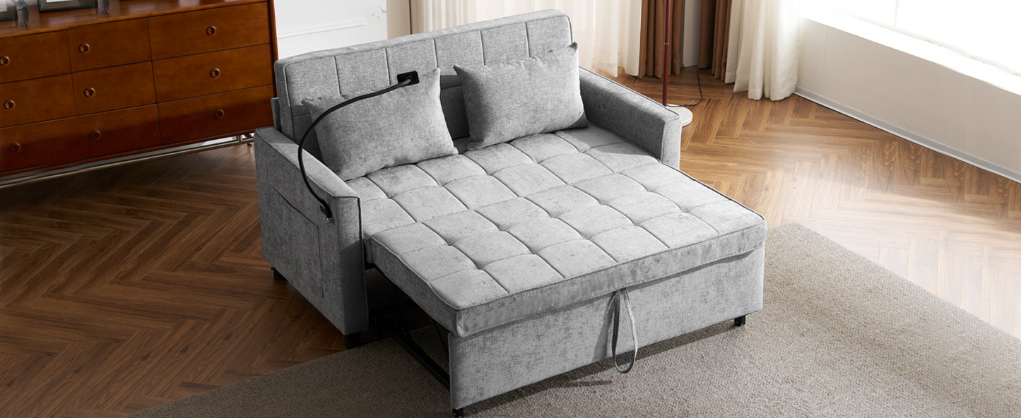 56.9" Loveseat Sofa Pull-out Sofa Bed Sleeper Sofa with a Reversible Backrest Cushion, Side Pockets, Two USB Ports and a Phone Holder for Living Room, Grey