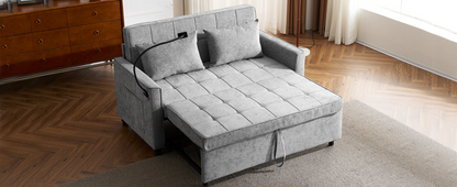 56.9" Loveseat Sofa Pull-out Sofa Bed Sleeper Sofa with a Reversible Backrest Cushion, Side Pockets, Two USB Ports and a Phone Holder for Living Room, Grey