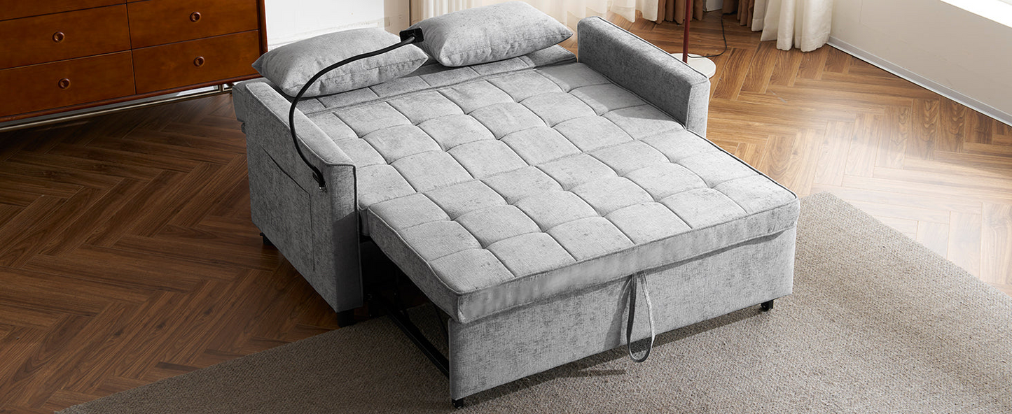 56.9" Loveseat Sofa Pull-out Sofa Bed Sleeper Sofa with a Reversible Backrest Cushion, Side Pockets, Two USB Ports and a Phone Holder for Living Room, Grey