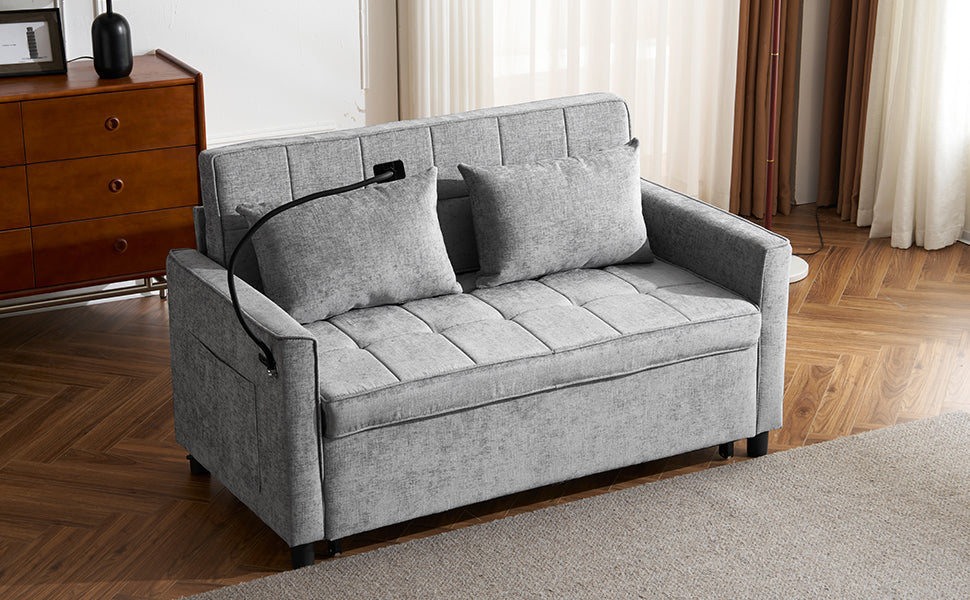 56.9" Loveseat Sofa Pull-out Sofa Bed Sleeper Sofa with a Reversible Backrest Cushion, Side Pockets, Two USB Ports and a Phone Holder for Living Room, Grey