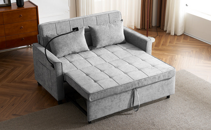 56.9" Loveseat Sofa Pull-out Sofa Bed Sleeper Sofa with a Reversible Backrest Cushion, Side Pockets, Two USB Ports and a Phone Holder for Living Room, Grey
