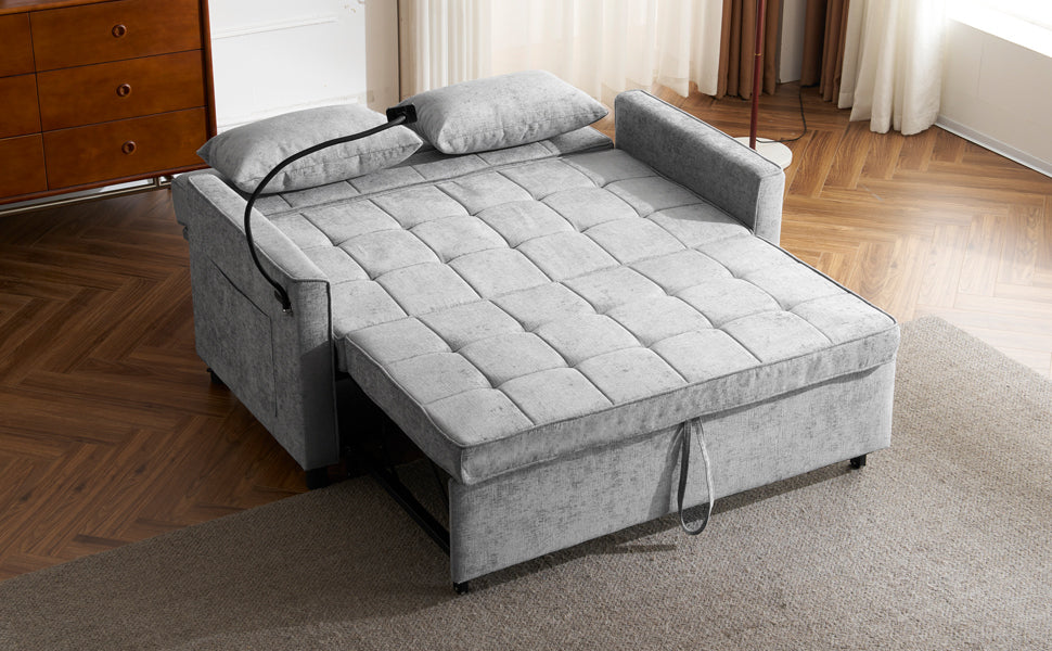56.9" Loveseat Sofa Pull-out Sofa Bed Sleeper Sofa with a Reversible Backrest Cushion, Side Pockets, Two USB Ports and a Phone Holder for Living Room, Grey
