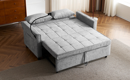 56.9" Loveseat Sofa Pull-out Sofa Bed Sleeper Sofa with a Reversible Backrest Cushion, Side Pockets, Two USB Ports and a Phone Holder for Living Room, Grey