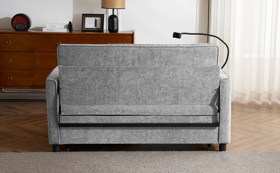 56.9" Loveseat Sofa Pull-out Sofa Bed Sleeper Sofa with a Reversible Backrest Cushion, Side Pockets, Two USB Ports and a Phone Holder for Living Room, Grey