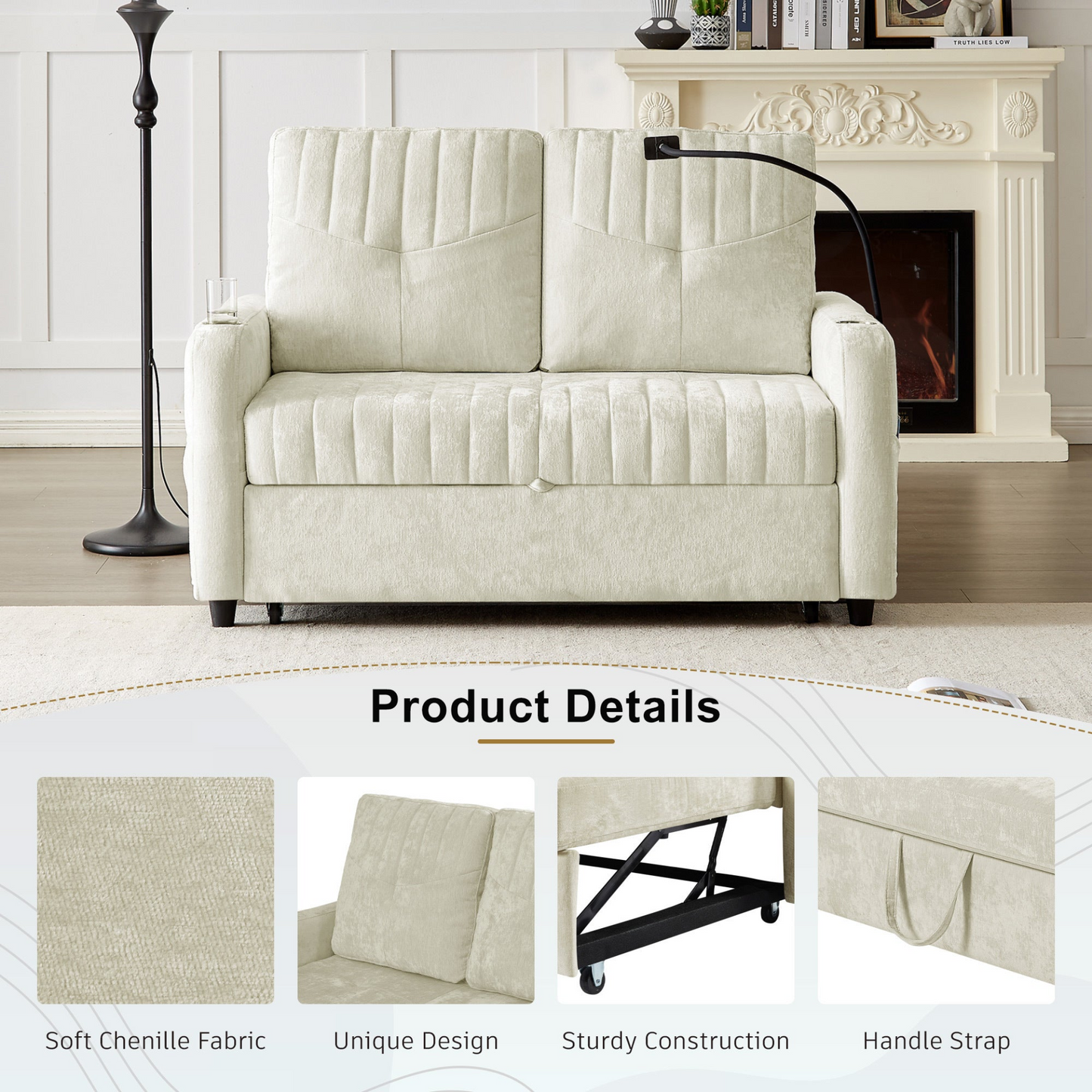53.9" Modern Loveseat Pull-out Sofa Bed with Adjustable Backrest, Two Cup Holders , a Phone Holder, Three Charging Ports and Side Storage Pockets for Living Room, Beige