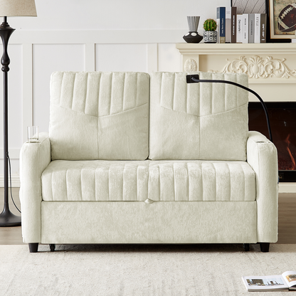 53.9" Modern Loveseat Pull-out Sofa Bed with Adjustable Backrest, Two Cup Holders , a Phone Holder, Three Charging Ports and Side Storage Pockets for Living Room, Beige