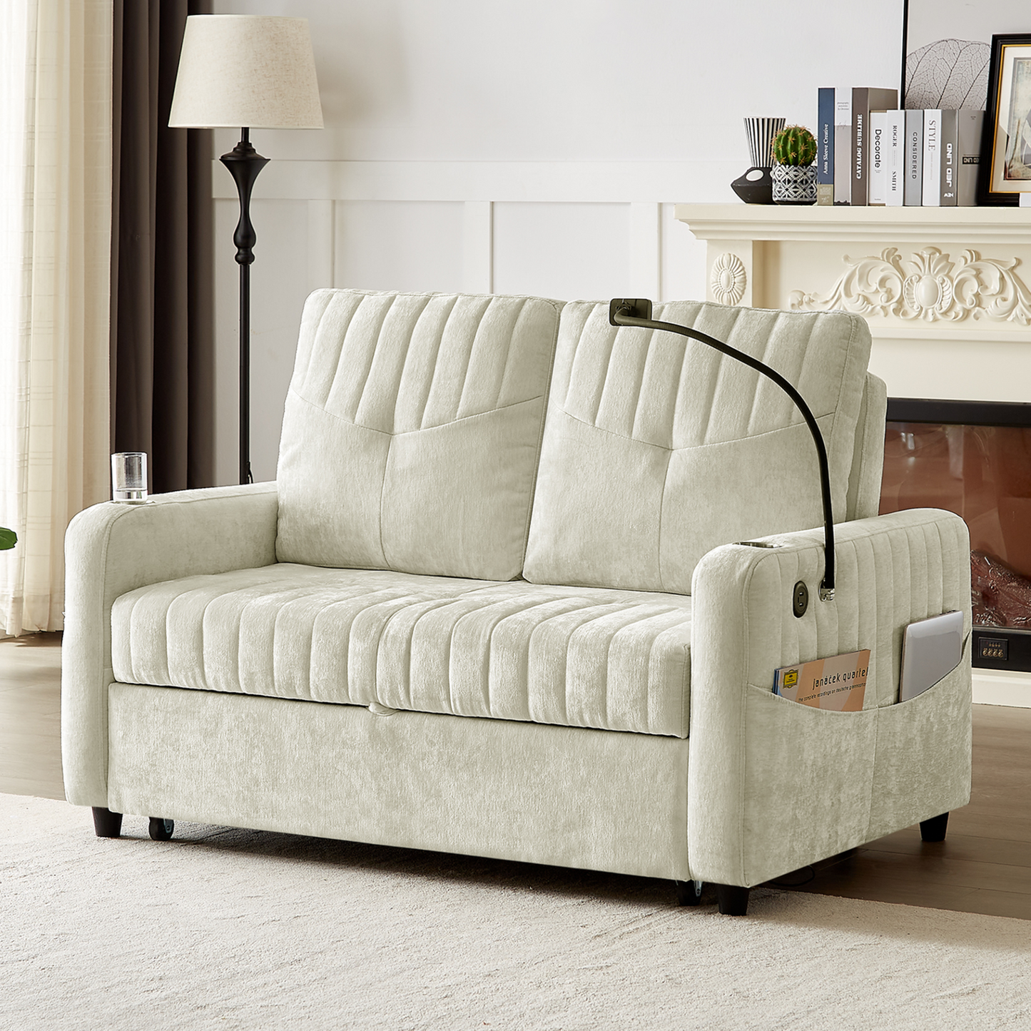 53.9" Modern Loveseat Pull-out Sofa Bed with Adjustable Backrest, Two Cup Holders , a Phone Holder, Three Charging Ports and Side Storage Pockets for Living Room, Beige