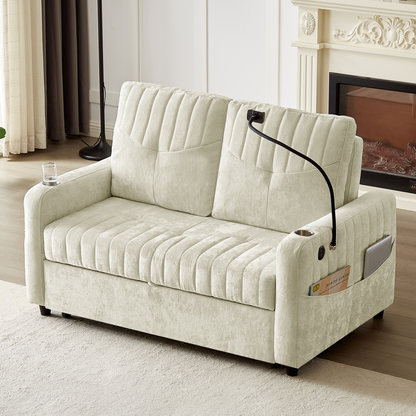 53.9" Modern Loveseat Pull-out Sofa Bed with Adjustable Backrest, Two Cup Holders , a Phone Holder, Three Charging Ports and Side Storage Pockets for Living Room, Beige