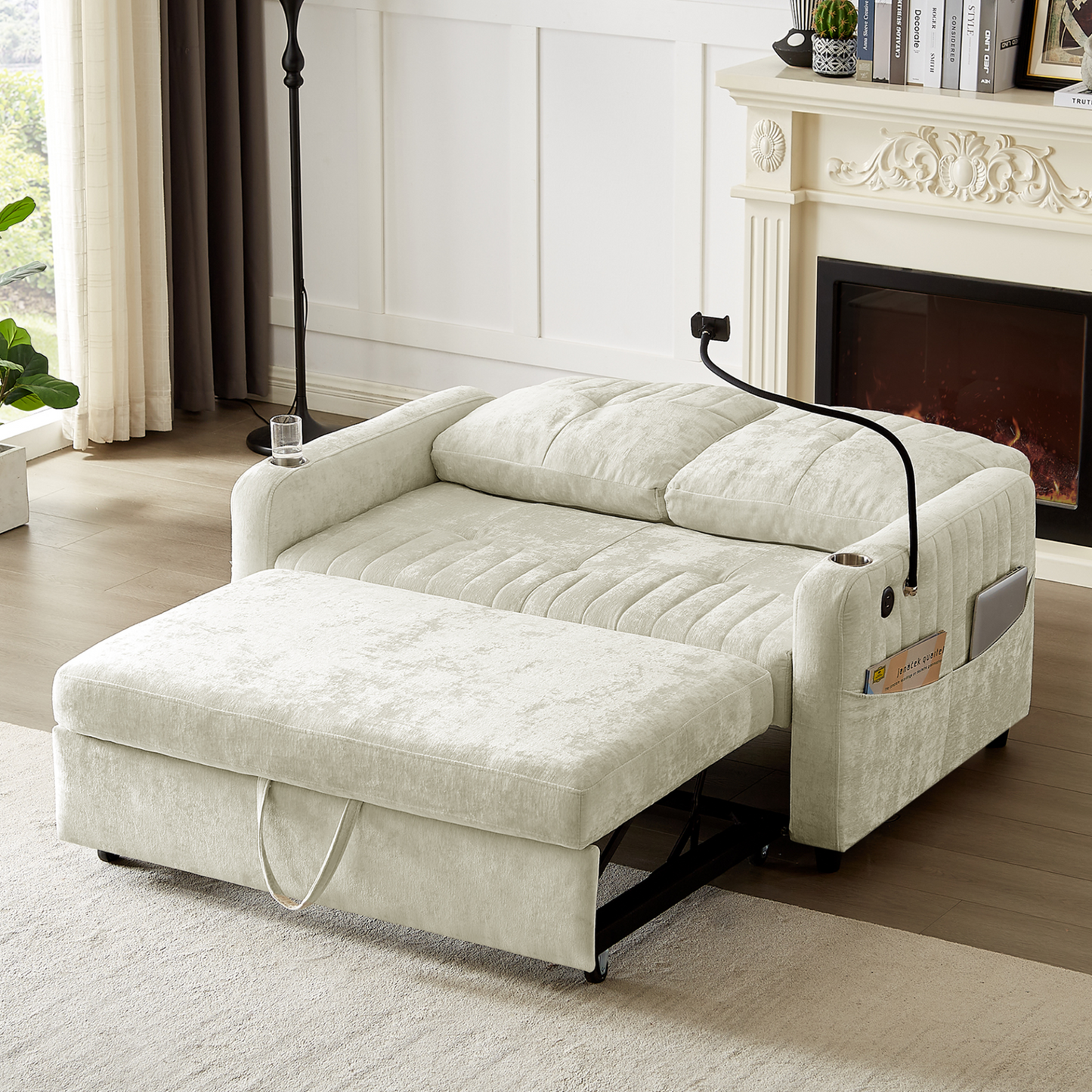 53.9" Modern Loveseat Pull-out Sofa Bed with Adjustable Backrest, Two Cup Holders , a Phone Holder, Three Charging Ports and Side Storage Pockets for Living Room, Beige