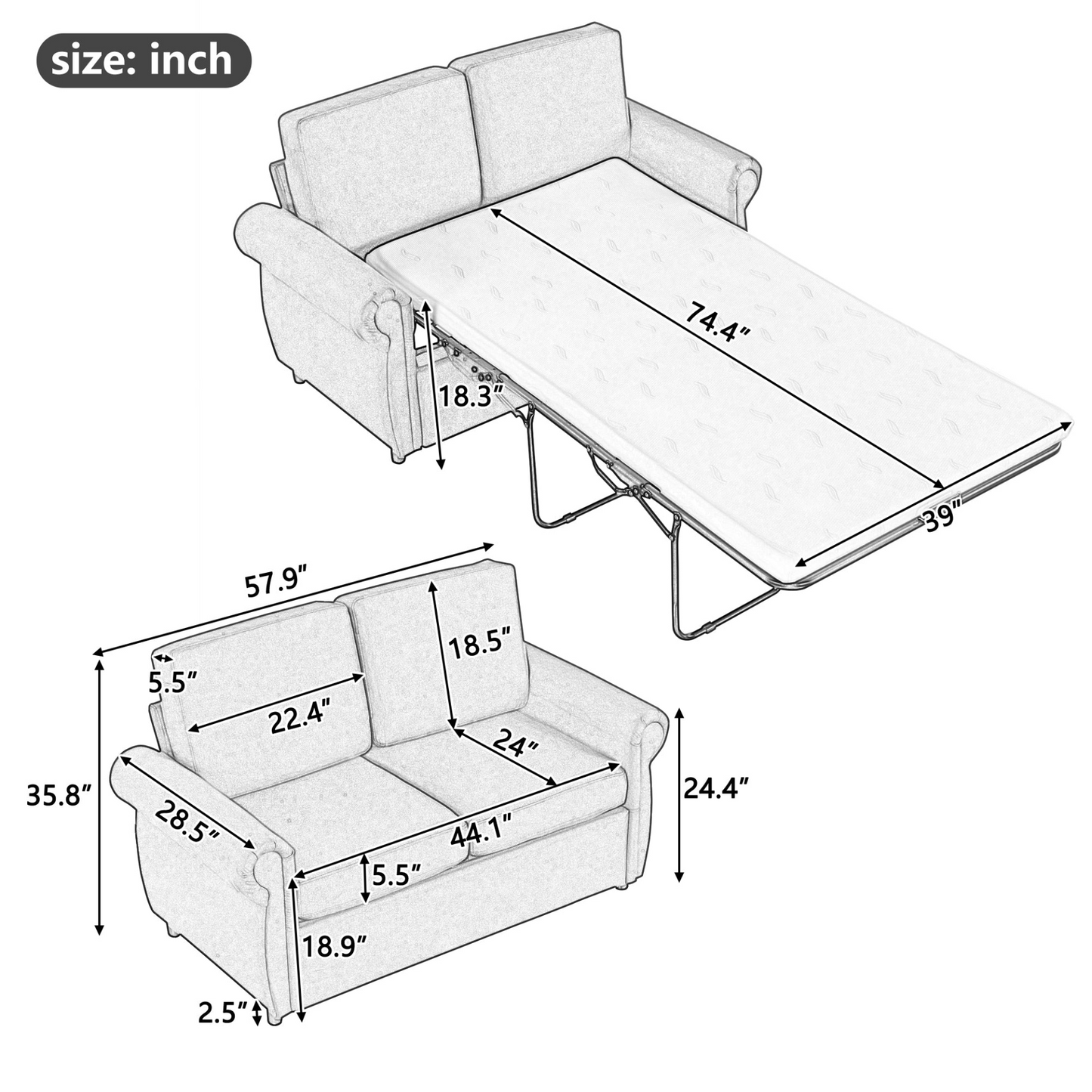 57.9" Pull Out Sofa Bed  Loveseat Sleeper with Twin Size Memory Mattress with Two USB Ports for Living Room Spaces (Old SKU:WF305474AAE), Grey