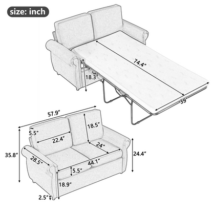 57.9" Pull Out Sofa Bed  Loveseat Sleeper with Twin Size Memory Mattress with Two USB Ports for Living Room Spaces (Old SKU:WF305474AAE), Grey