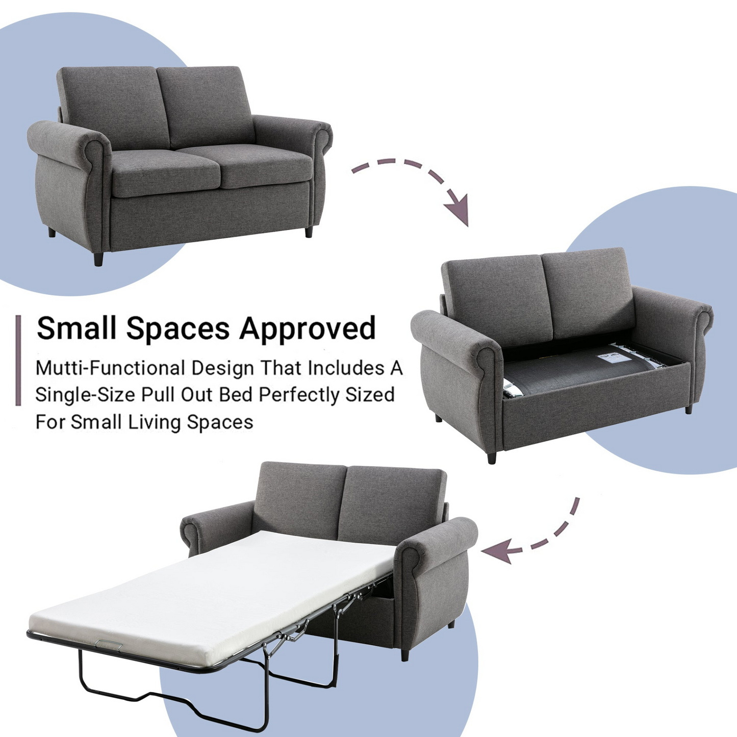 57.9" Pull Out Sofa Bed  Loveseat Sleeper with Twin Size Memory Mattress with Two USB Ports for Living Room Spaces (Old SKU:WF305474AAE), Grey