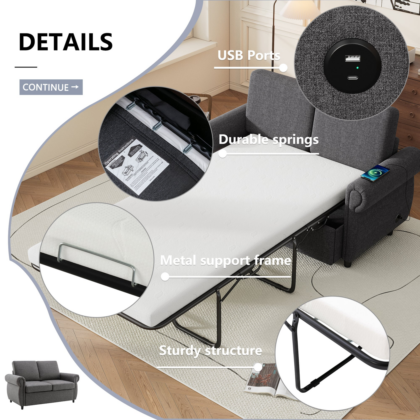 57.9" Pull Out Sofa Bed  Loveseat Sleeper with Twin Size Memory Mattress with Two USB Ports for Living Room Spaces (Old SKU:WF305474AAE), Grey