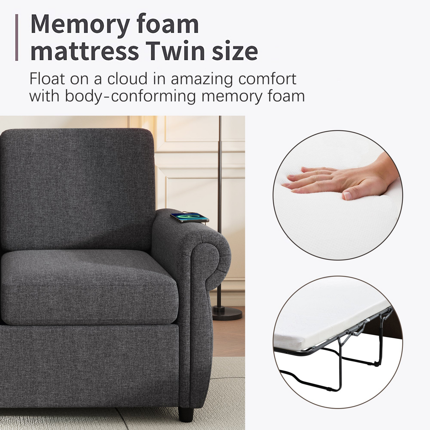 57.9" Pull Out Sofa Bed  Loveseat Sleeper with Twin Size Memory Mattress with Two USB Ports for Living Room Spaces (Old SKU:WF305474AAE), Grey