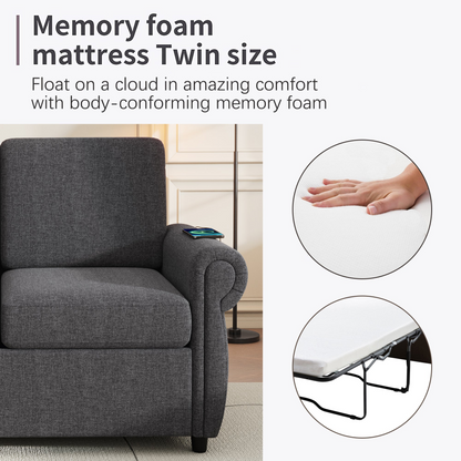 57.9" Pull Out Sofa Bed  Loveseat Sleeper with Twin Size Memory Mattress with Two USB Ports for Living Room Spaces (Old SKU:WF305474AAE), Grey