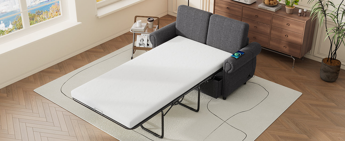 57.9" Pull Out Sofa Bed  Loveseat Sleeper with Twin Size Memory Mattress with Two USB Ports for Living Room Spaces (Old SKU:WF305474AAE), Grey