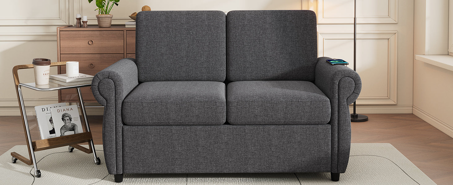 57.9" Pull Out Sofa Bed  Loveseat Sleeper with Twin Size Memory Mattress with Two USB Ports for Living Room Spaces (Old SKU:WF305474AAE), Grey