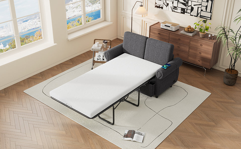57.9" Pull Out Sofa Bed  Loveseat Sleeper with Twin Size Memory Mattress with Two USB Ports for Living Room Spaces (Old SKU:WF305474AAE), Grey