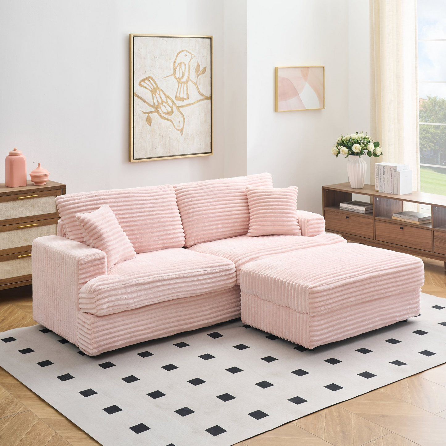 82 inches pink corduroy sofa, storage feet +4 throw pillows, pink romantic, light up the space, create a fashionable living room new darling