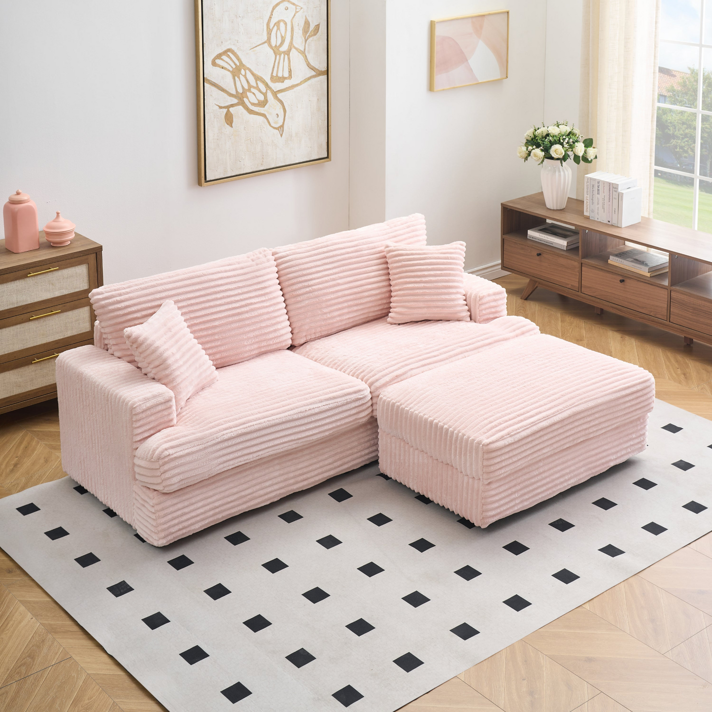 82 inches pink corduroy sofa, storage feet +4 throw pillows, pink romantic, light up the space, create a fashionable living room new darling