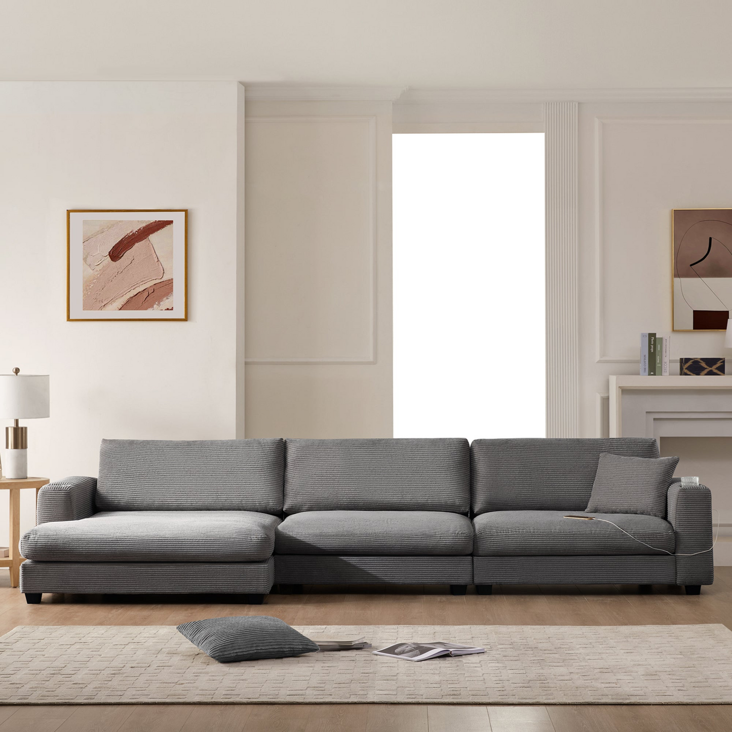 134*54" Oversized Corduroy Sectional Sofa,L Shaped Cloud Couch with USB Charging Port,Cup Holder,Deep and Wide Seat Sofa with 50" Chaise,Comfy Indoor Furniture for Living Room,3 Colors