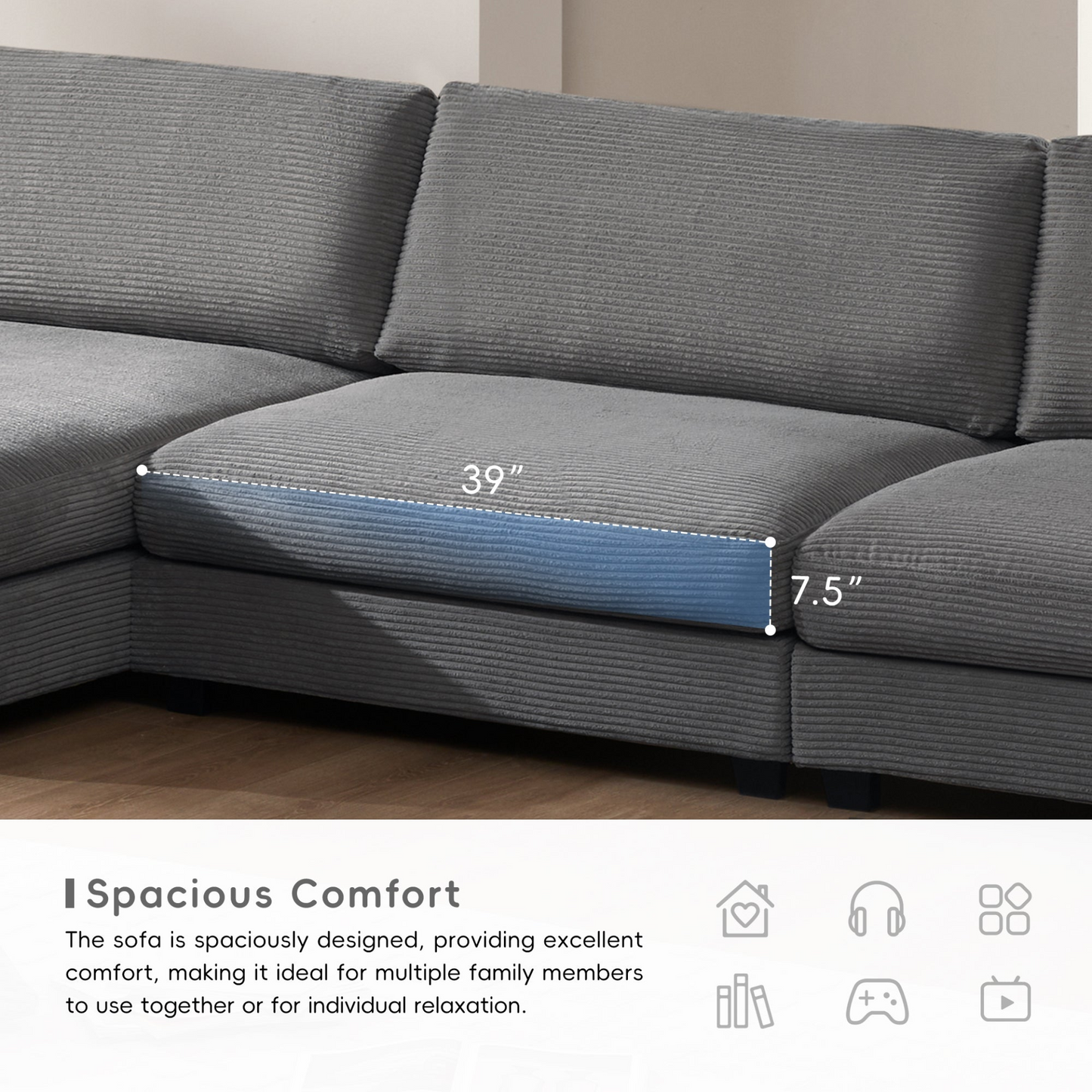 134*54" Oversized Corduroy Sectional Sofa,L Shaped Cloud Couch with USB Charging Port,Cup Holder,Deep and Wide Seat Sofa with 50" Chaise,Comfy Indoor Furniture for Living Room,3 Colors