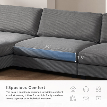 134*54" Oversized Corduroy Sectional Sofa,L Shaped Cloud Couch with USB Charging Port,Cup Holder,Deep and Wide Seat Sofa with 50" Chaise,Comfy Indoor Furniture for Living Room,3 Colors