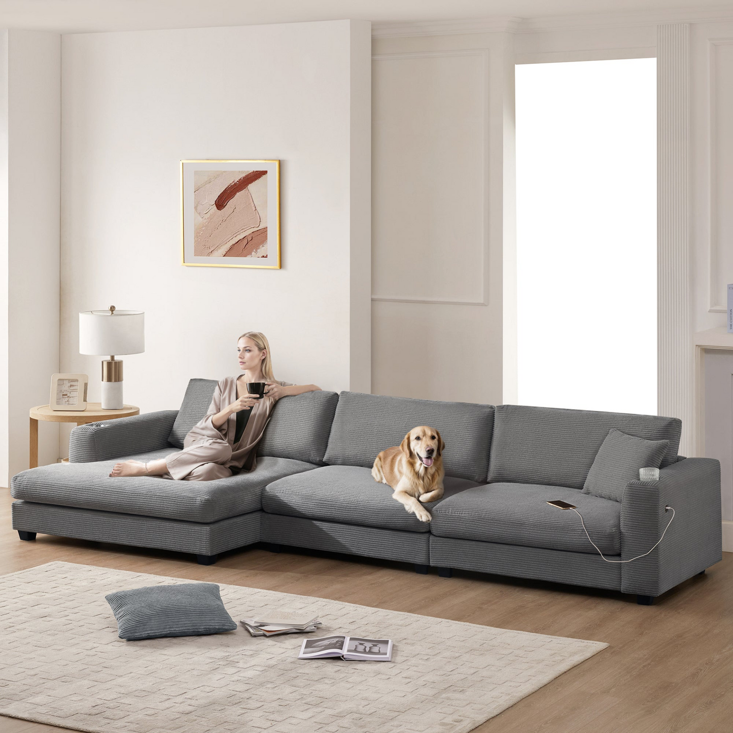134*54" Oversized Corduroy Sectional Sofa,L Shaped Cloud Couch with USB Charging Port,Cup Holder,Deep and Wide Seat Sofa with 50" Chaise,Comfy Indoor Furniture for Living Room,3 Colors