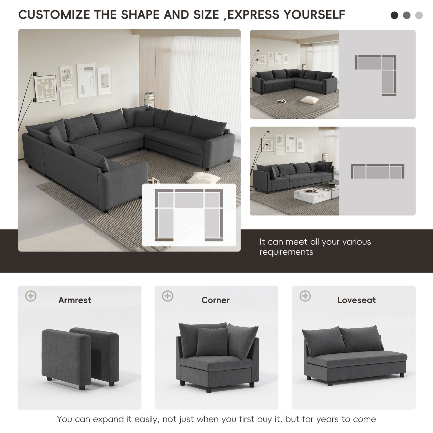 116*92'' Modular Sectional Sofa,Reversible U Shaped Chenille Couch Set,Free Combination,Minimalist Style Indoor Furniture,Oversized 8 Seat Convertible Sofa for Living Room,Apartment,2 Colors