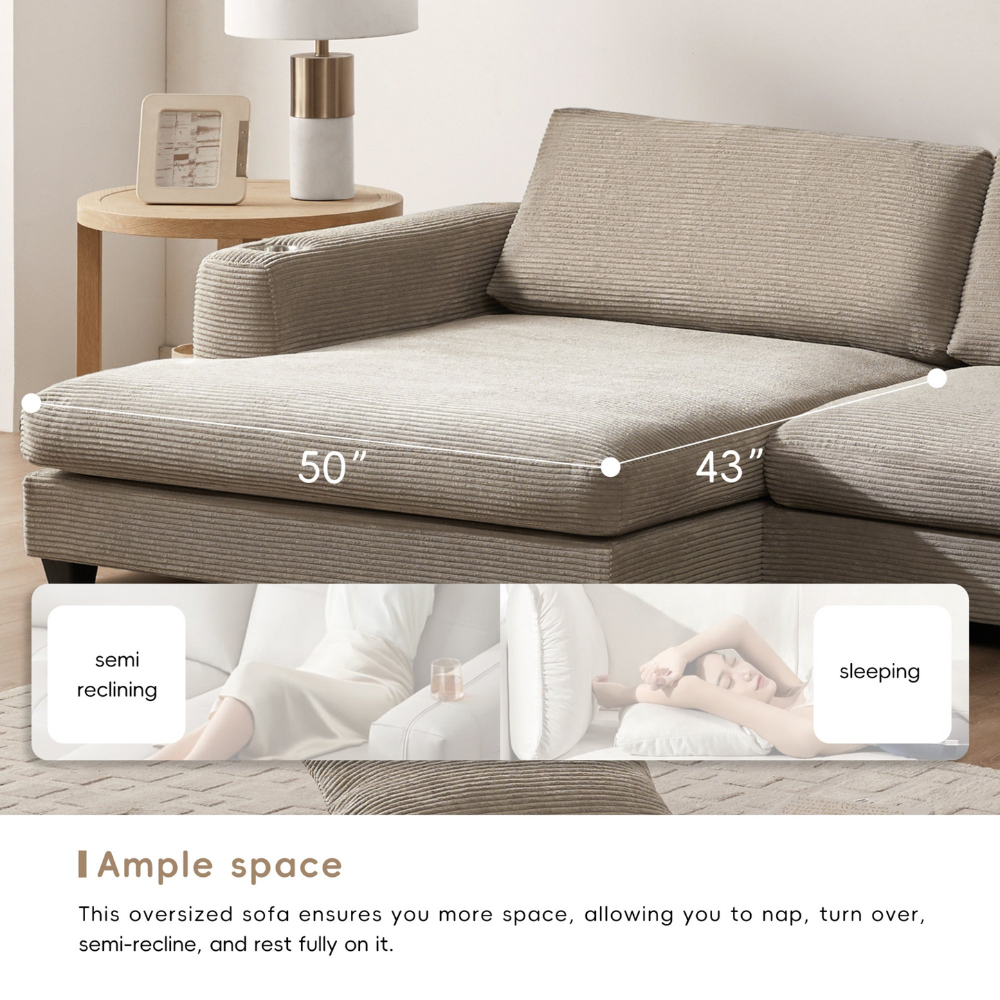 134*54" Oversized Corduroy Sectional Sofa,L Shaped Cloud Couch with USB Charging Port,Cup Holder,Deep and Wide Seat Sofa with 50" Chaise,Comfy Indoor Furniture for Living Room,3 Colors