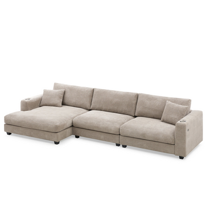 134*54" Oversized Corduroy Sectional Sofa,L Shaped Cloud Couch with USB Charging Port,Cup Holder,Deep and Wide Seat Sofa with 50" Chaise,Comfy Indoor Furniture for Living Room,3 Colors