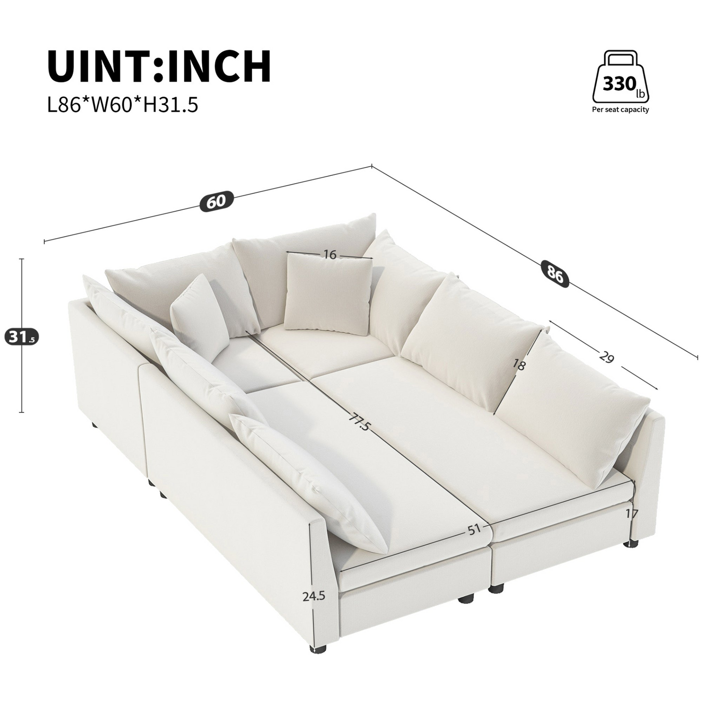 86*60'' Modular Sectional Sofa Bed,Chenille Couch Set with Pillows,Free Combination,Minimalist Style Indoor Furniture,Oversized 6 Seat Convertible Sofa for Living Room,Apartment,2 Colors
