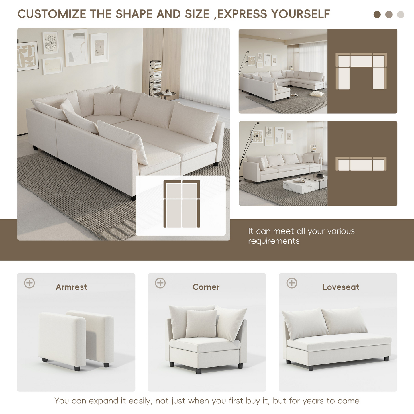86*60'' Modular Sectional Sofa Bed,Chenille Couch Set with Pillows,Free Combination,Minimalist Style Indoor Furniture,Oversized 6 Seat Convertible Sofa for Living Room,Apartment,2 Colors