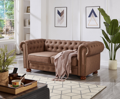 Classic Chesterfield Sofa Loveseat for Living Room Brown Faux Leather